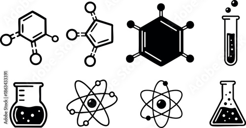 Chemistry icons vector set with molecular structures, atoms, and laboratory glassware for science education and research