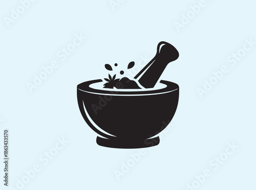 Bold black mortar and pestle silhouette with rounded bowl
