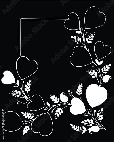 An elegant floral heart frame illustration featuring black vector swirls, leaves, and butterfly elements for a romantic spring nature design or decorative card ornament
