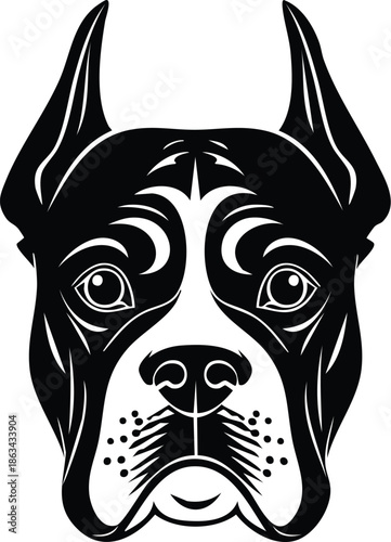 Boxer dog breed face portrait, black and white vector illustration, symmetrical animal head, pet graphic design, dog lover art, canine logo mascot, domestic pet silhouette, graphic tattoo style artwor