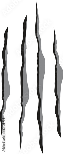 Sharp Scratch Marks Vector Illustration, Four Parallel Claw Rips and Torn Effect Graphic for Horror, Animal Attack, Danger Signage, and Action Movie Poster Design Elements in Black and Grey.