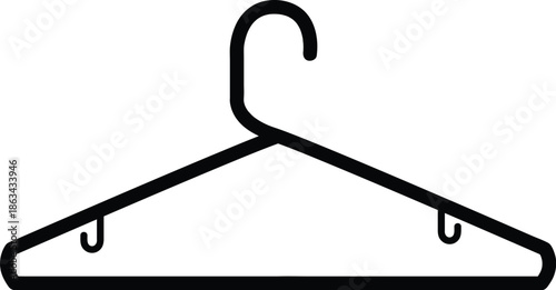 Simple black outline vector illustration of a classic clothes hanger, minimalist line art icon for fashion retail boutiques, wardrobe organization, laundry services, and dry cleaning concepts