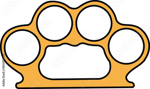 Flat vector illustration of golden brass knuckles with black outline, classic knuckle duster weapon icon for self-defense concepts, street fighting graphics, gangster themes, and martial arts