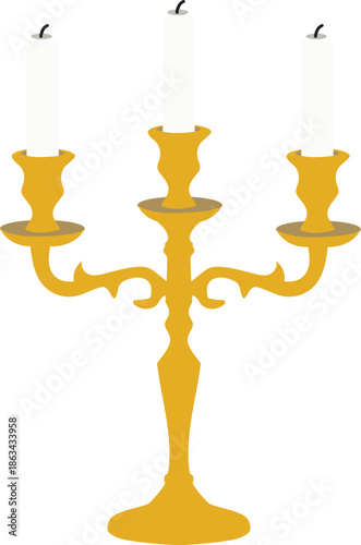 Elegant gold candelabra vector illustration with three unlit white candles, classic brass candlestick holder for romantic dinners, luxury interior decor, religious ceremonies, and vintage graphics