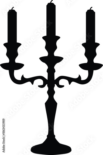 Elegant black silhouette vector illustration of a vintage three-candle candelabra, classic antique candlestick holder for gothic decor, Halloween themes, romantic dinners, and luxury interior graphics