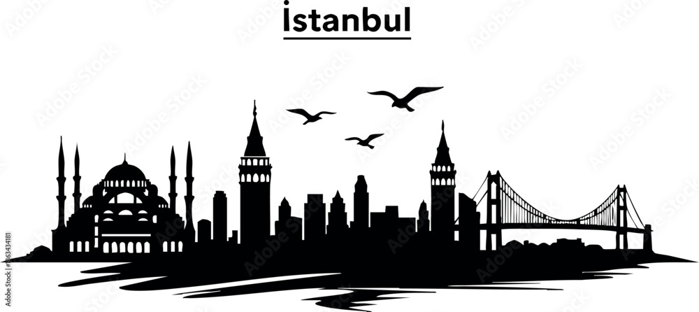 Naklejka premium Istanbul skyline silhouette featuring iconic landmarks and bridge in black vector illustration
