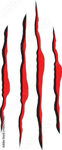 Fierce animal claw scratch marks, red and black torn slash vector illustration, ripped paper effect, monster dinosaur tiger claw rips, scary Halloween graphic element, beast attack grunge design art.