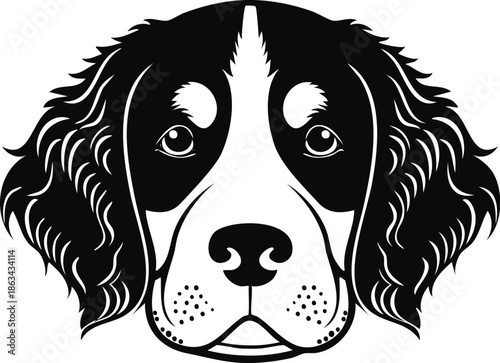 English Springer Spaniel dog breed face portrait, black and white vector illustration, cute pet silhouette, canine animal mascot logo, hunting dog graphic design, domestic puppy head art, dog lover.