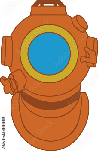 Vintage copper deep sea diving helmet vector illustration, antique brass scuba equipment, nautical ocean exploration gear, retro marine diver suit mask, underwater history symbol, flat graphic design.