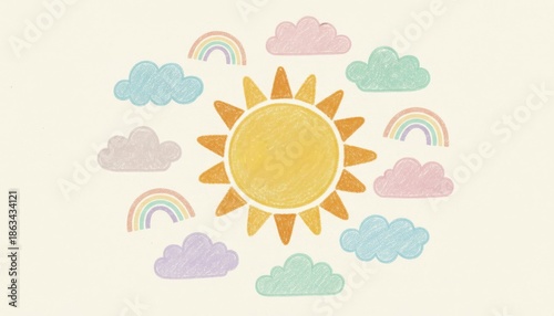 A cheerful illustration featuring a bright sun surrounded by colorful clouds and rainbows against a soft background.