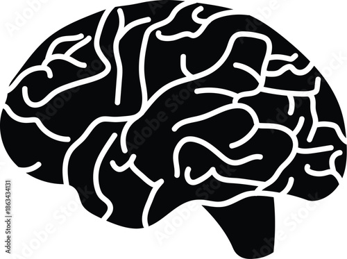 Detailed Human Brain Vector Silhouette Illustration Isolated on White Background. Black and White Intelligence, Psychology, Neurology, Anatomy, and Mental Health Icon for Educational and Medical Use.