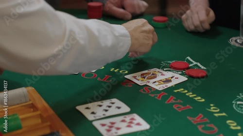 Blackjack Table Scene with Cards Chips and Dealer Hands