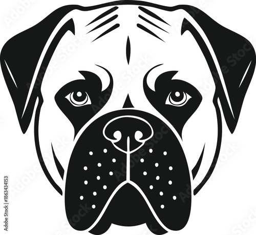 Powerful Bullmastiff Dog Head Portrait Vector Silhouette Illustration Isolated on White Background. Black and White Canine Breed Graphic for Pet Grooming, Animal Care, and Guard Dog Branding.