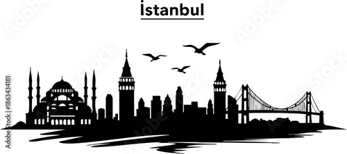 Istanbul skyline silhouette featuring iconic landmarks and bridge in black vector illustration