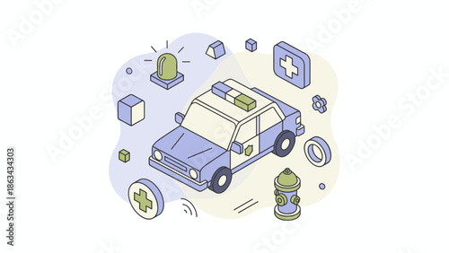 Isometric illustration of a police car with emergency lights and siren.