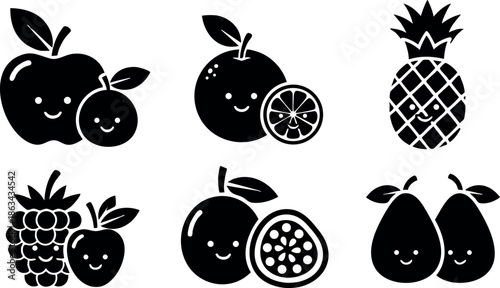 Cute happy fruit icons vector set featuring apple orange pineapple grapes passionfruit and pear designs