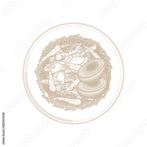 Vector Illustration Logo Line art Top view Korean Food Jang jorim or Jjang Jorim with Rice 