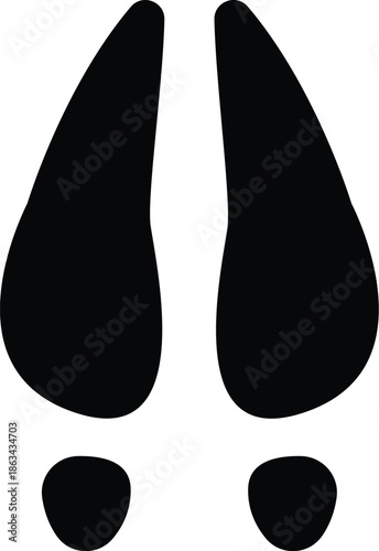 Black silhouette vector illustration of deer footprints. Wild animal tracks, cloven hoof prints, hunting signs, and nature trail symbols for wilderness, outdoor, and wildlife design concepts.