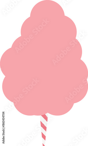 Sweet pink cotton candy vector illustration on a striped stick. Fluffy sugar floss candy graphic for carnival, fair, amusement park, circus, kids party, and sweet dessert food design themes.