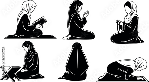 Muslim woman praying and reading Quran in Islamic devotional poses vector set for religious lifestyle and culture illustration