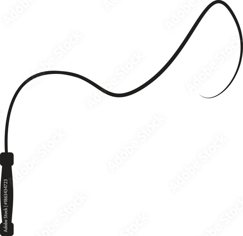 Black whip silhouette vector illustration. Simple curled bullwhip icon for equestrian sports, cowboy tools, horse riding equipment, circus taming, and western adventure graphic design.