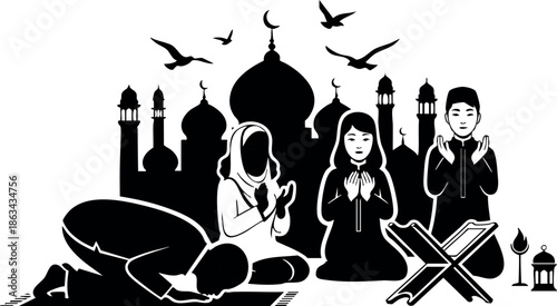 Muslim people praying in mosque silhouette with islamic architecture and crescent moon vector illustration