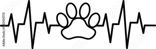 Minimalist Dog Paw Print with EKG Heartbeat Line Art Illustration; Pet Life Pulse Symbol for Veterinary Care, Animal Rescue, Puppy Love, and Dog Owner Heart Health Graphic Designs.