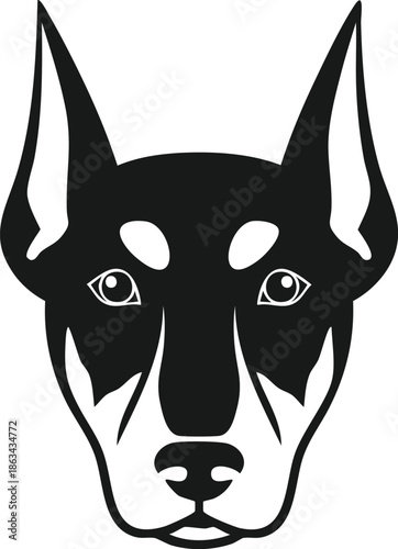 Stylized Black and Tan Doberman Pinscher Dog Head Vector Illustration; Powerful Guard Dog Portrait Mascot Graphic for Security Branding, Pet Supplies, and Kennel Club Designs Isolated on White.