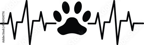 Bold Black Dog Paw Print Integrated into Heartbeat Pulse Line Graphic; Symbolic Pet Life EKG Illustration for Veterinary Branding, Animal Adoption, and Puppy Love Concepts Isolated on White.