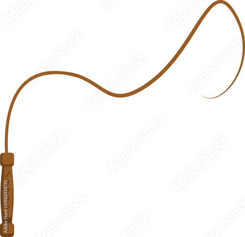 Realistic Long Brown Leather Whip with Handle Isolated on White Background, Traditional Western Bullwhip Illustration, Equestrian Accessory Graphic, Cowboy Tool and Ranch Equipment Vector Art.