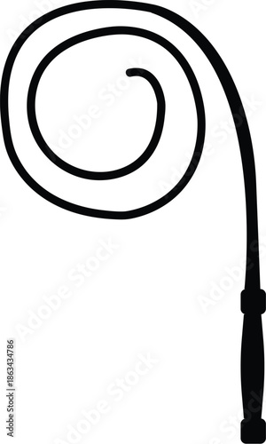 Black Silhouette of a Coiled Whip Icon Isolated on White Background, Minimalist Bullwhip Graphic for Design Projects, Creative Spiral Lash Illustration, Simple Equestrian Tool Vector Symbol.