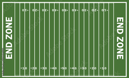 Foto American Football Field Top View Illustration, Green Grass Stadium Turf Layout with Yard Lines and End Zone, Sports Strategy Background Graphic, Professional Football Pitch Diagram for Design
