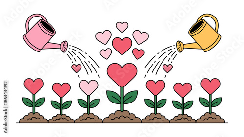 Nurturing Love: Two watering cans tenderly nourish heart-shaped flowers, symbolizing care and affection, fostering growth and spreading love's essence.