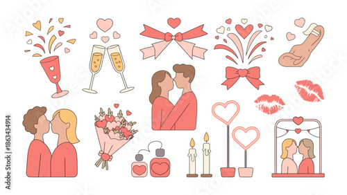 Love's Design Elements: An illustration presents a curated collection of Valentine's Day or romantic occasion design elements, perfect for conveying themes of love and togetherness.