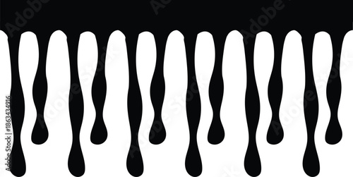 Black Paint Drip Vector Illustration, Melting Liquid Silhouette Graphic, Inky Slime Border Design, Abstract Fluid Droplets Background, Grunge Paint Splatter Element for Urban Streetwear Art.