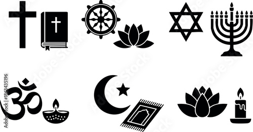 Religious Symbols Cross Bible Wheel Lotus Star Menorah Om Diya Crescent Prayer Rug Candle Spiritual Icons Vector Illustration