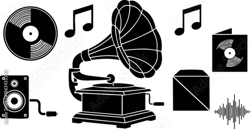 Vintage gramophone with record player and music icons vector illustration collection