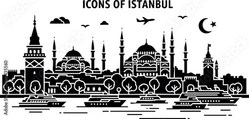 Istanbul skyline silhouette with famous landmarks vector art black and white design cityscape illustration