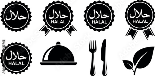Halal food labels and icons with cutlery and leaf symbols for clean eating and dietary certification vector set