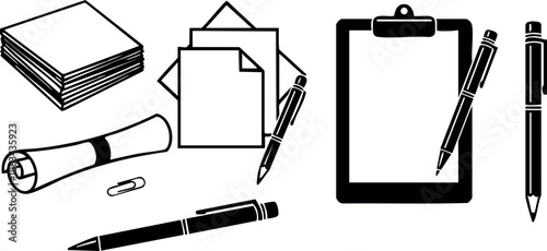 Office stationery set with papers pens clipboard and note sheets vector illustration for work and organization
