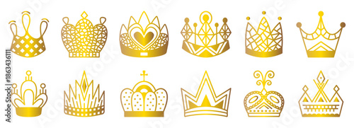 Gold crown icon vector set, shiny gradient golden elegant award signs. Monochrome royal authority cliparts, glossy luxury aristocracy pictograms