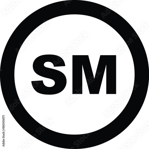 Service Mark Symbol Icon in a Circle for Intellectual Property, Legal Protection, and Branding Identity Design, Black and White Minimalist SM Mark Isolated on White Background for Commercial use.