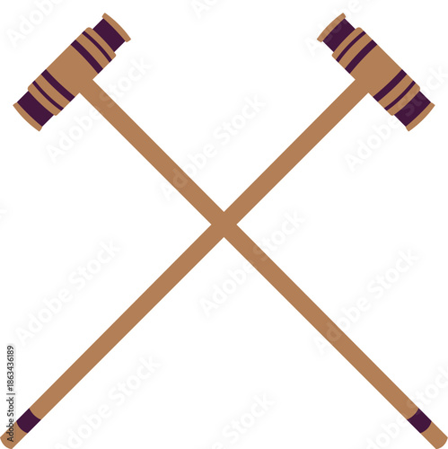 Pair of Crossed Wooden Croquet Mallets with Colorful Accents for Outdoor Summer Sports and Garden Games Concept, Flat Vector Illustration of Traditional Lawn Game Equipment isolated on white.