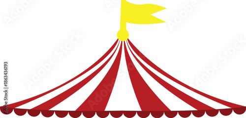 Classic Red and White Striped Carnival Tent with Flag for Summer Festivals, Fairgrounds, and Circus Shows, Festive Marquee Vector Illustration Isolated for Event Promotion and Advertising.