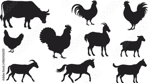 Farm animal silhouette vector collection, cow, rooster, hen, goat, sheep, horse, dog, black and white livestock illustration set for stock design