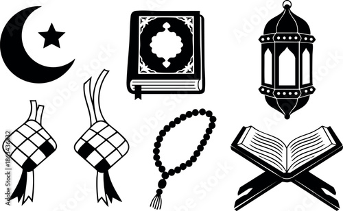 Islamic religious symbols crescent star Quran lantern prayer beads ketupat vector illustration