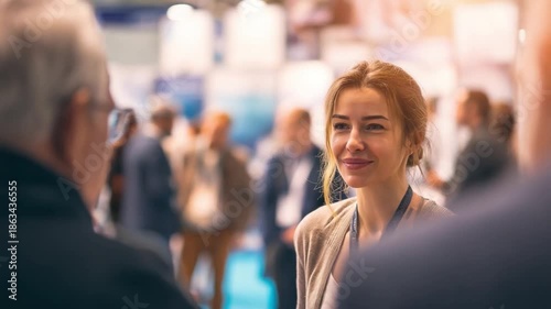 Engaging Conversation at a Business Event: Amidst a blurred background of a lively event, a focused woman engages in a conversation, her expression a mix of attentiveness and genuine interest.