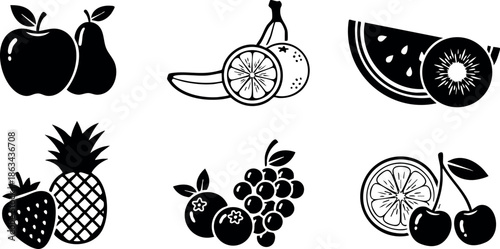 Black silhouettes of mixed fruits including apple, pear, banana, lemon, watermelon, kiwi, strawberry, pineapple, cherry, and berries vector design