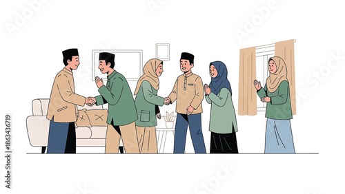 Muslim People Greeting Each Other During Eid Celebration Flat Vector Illustration