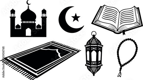Islamic religious symbols including mosque crescent moon star holy book prayer rug lantern rosary vector illustration